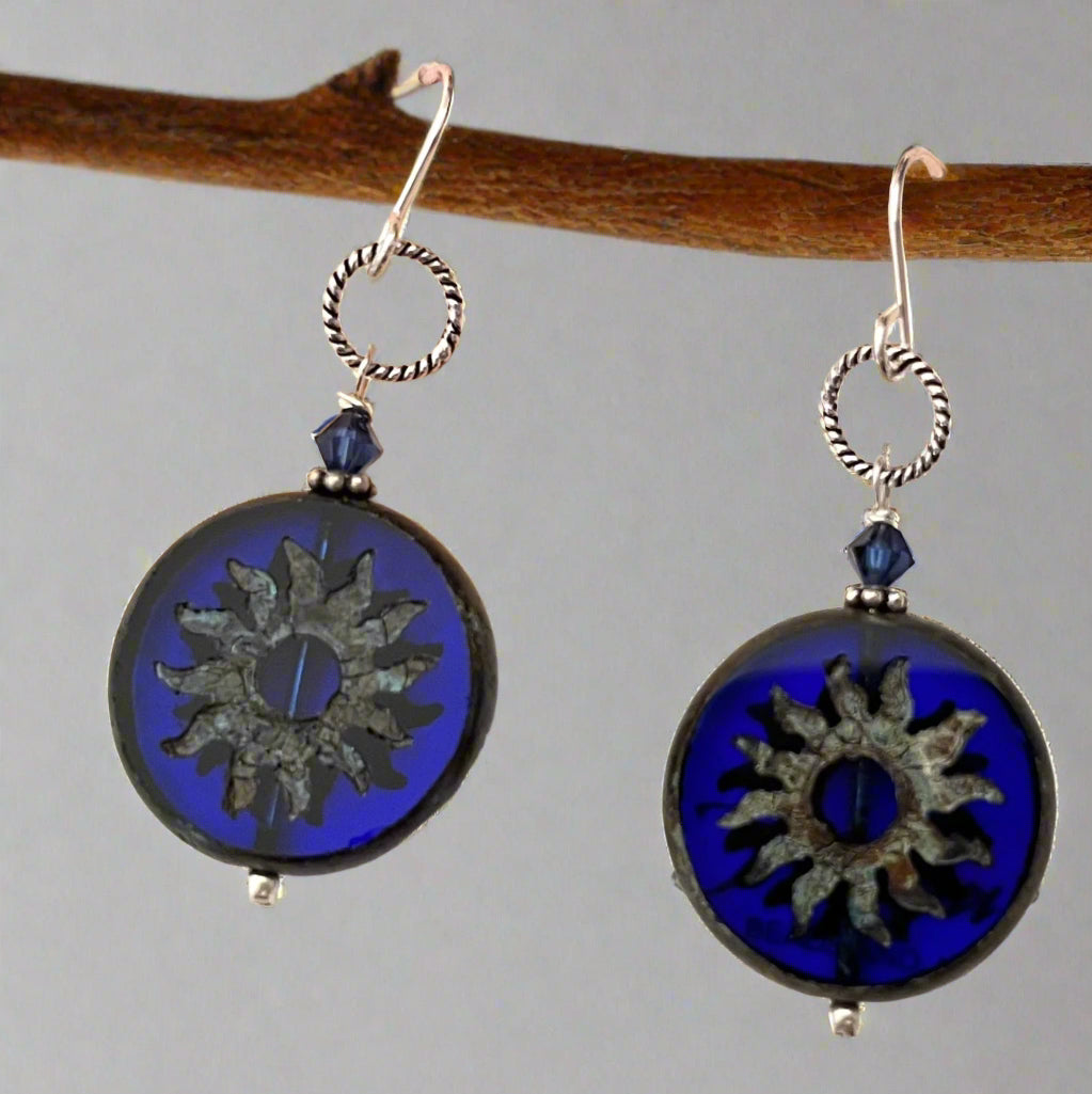 Huge Round Indigo Blue Sun Czech Glass Bohemian Drop Earrings in Sterling Silver