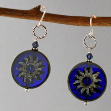 Load image into Gallery viewer, Huge Round Indigo Blue Sun Czech Glass Bohemian Drop Earrings in Sterling Silver
