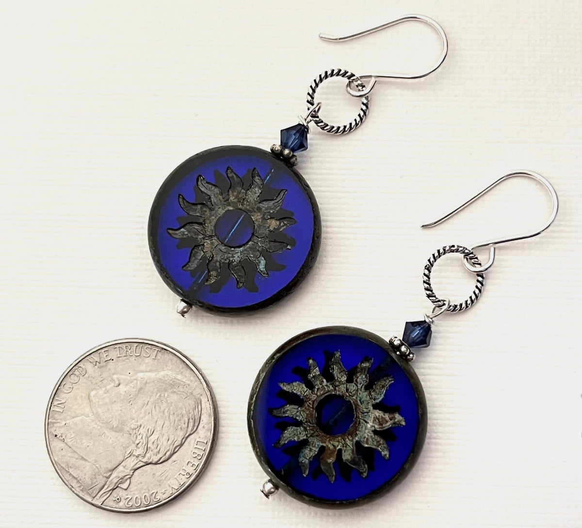 Huge Round Indigo Blue Sun Czech Glass Bohemian Drop Earrings in Sterling Silver