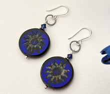 Load image into Gallery viewer, Huge Round Indigo Blue Sun Czech Glass Bohemian Drop Earrings in Sterling Silver
