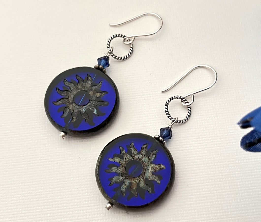 Huge Round Indigo Blue Sun Czech Glass Bohemian Drop Earrings in Sterling Silver