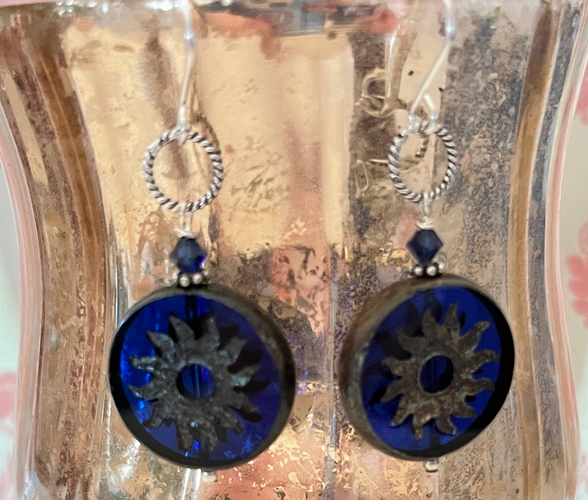 Huge Round Indigo Blue Sun Czech Glass Bohemian Drop Earrings in Sterling Silver