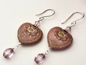 Czech Glass Light Mauve Heart Drop Earrings in Sterling Silver