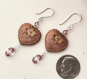 Czech Glass Light Mauve Heart Drop Earrings in Sterling Silver