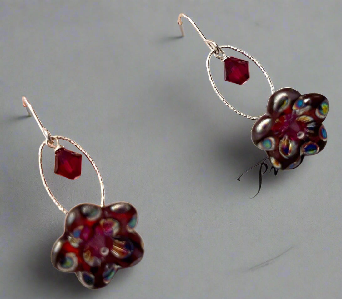 Czech Glass Dark Pink "Mirror" Flower Drop Earrings in Sterling Silver