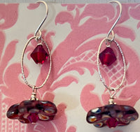 Czech Glass Dark Pink "Mirror" Flower Drop Earrings in Sterling Silver