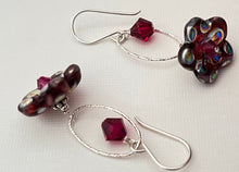 Load image into Gallery viewer, Czech Glass Dark Pink &quot;Mirror&quot; Flower Drop Earrings in Sterling Silver
