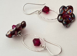 Czech Glass Dark Pink "Mirror" Flower Drop Earrings in Sterling Silver