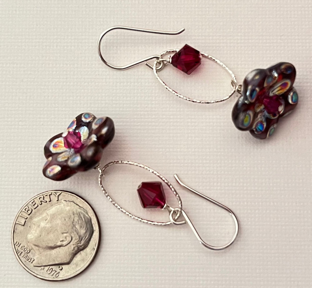 Czech Glass Dark Pink "Mirror" Flower Drop Earrings in Sterling Silver