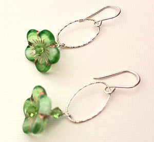 Czech Glass Light Green Flower Drop Earrings in Sterling Silver