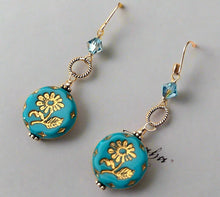 Load image into Gallery viewer, Large Caribbean Blue Czech Glass Dangle Drop Earrings in Sterling Silver
