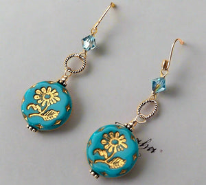 Large Caribbean Blue Czech Glass Dangle Drop Earrings in Sterling Silver