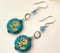 Large Caribbean Blue Czech Glass Dangle Drop Earrings in Sterling Silver