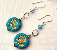 Load image into Gallery viewer, Large Caribbean Blue Czech Glass Dangle Drop Earrings in Sterling Silver
