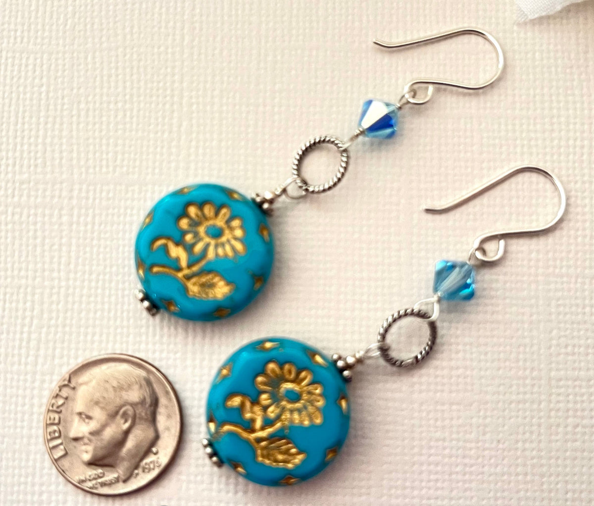 Large Caribbean Blue Czech Glass Dangle Drop Earrings in Sterling Silver