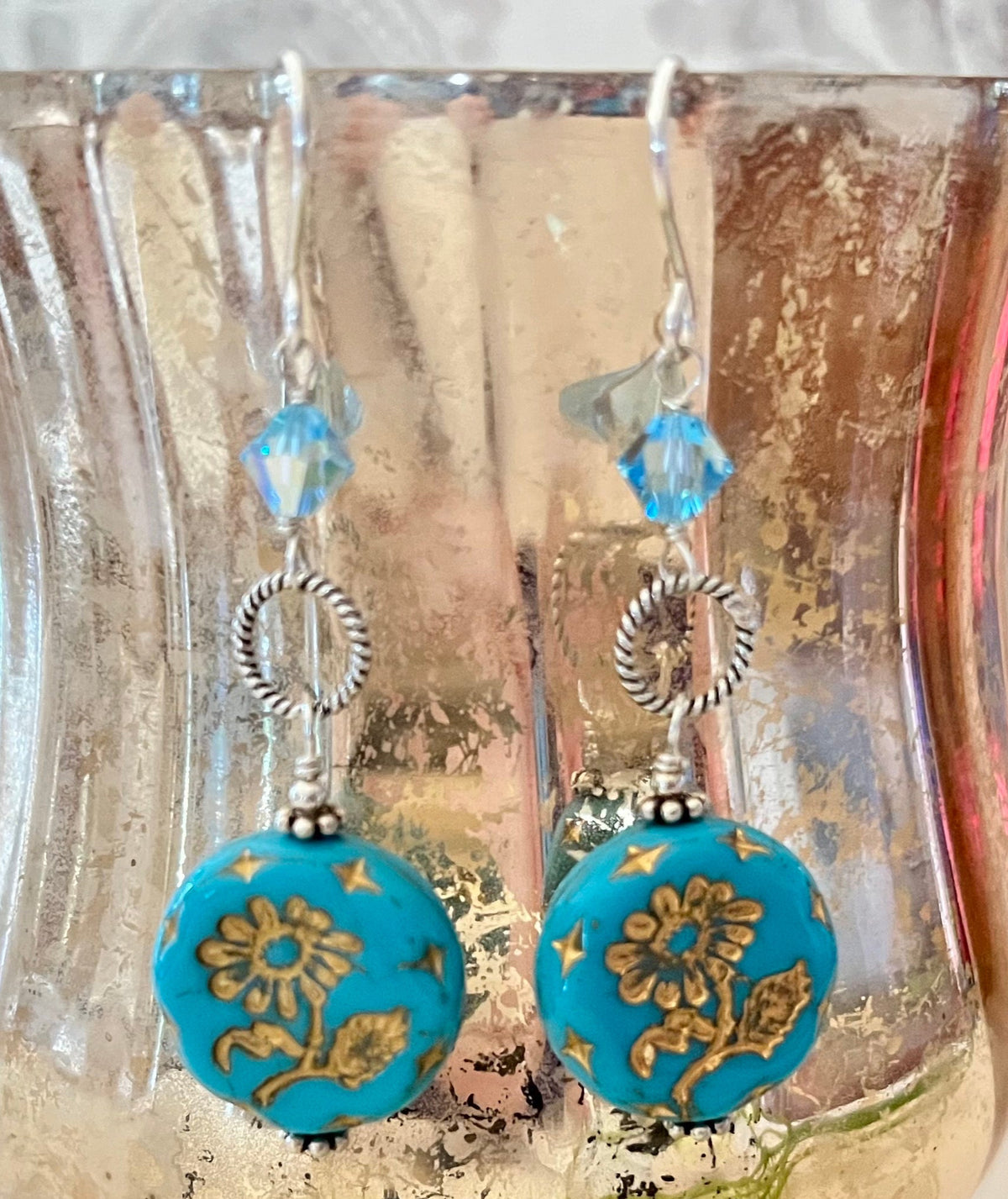 Large Caribbean Blue Czech Glass Dangle Drop Earrings in Sterling Silver