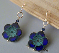 Large Round Indigo Blue Flower Czech Glass Bohemian Drop Earrings in Sterling Silver