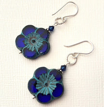 Load image into Gallery viewer, Large Round Indigo Blue Flower Czech Glass Bohemian Drop Earrings in Sterling Silver
