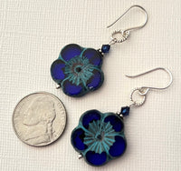 Large Round Indigo Blue Flower Czech Glass Bohemian Drop Earrings in Sterling Silver