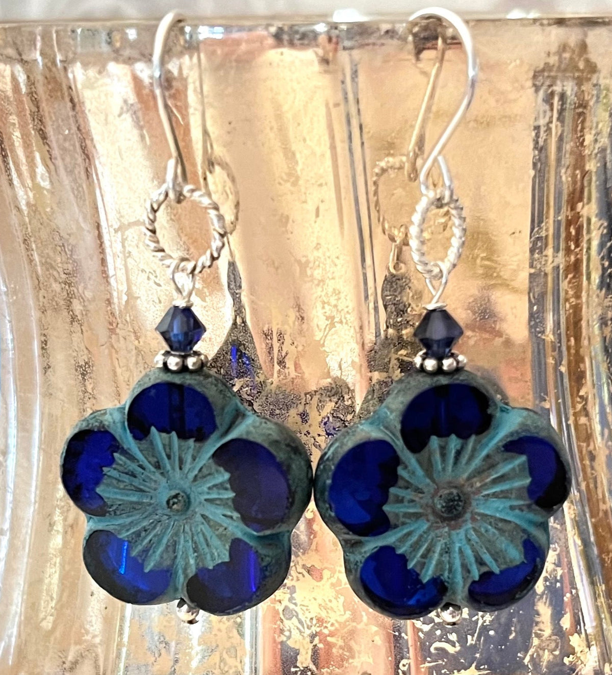 Large Round Indigo Blue Flower Czech Glass Bohemian Drop Earrings in Sterling Silver