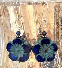 Load image into Gallery viewer, Large Round Indigo Blue Flower Czech Glass Bohemian Drop Earrings in Sterling Silver
