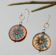 Load image into Gallery viewer, Huge Round Light Blue Sun Czech Glass Bohemian Drop Earrings in Sterling Silver
