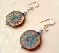 Huge Round Light Blue Sun Czech Glass Bohemian Drop Earrings in Sterling Silver