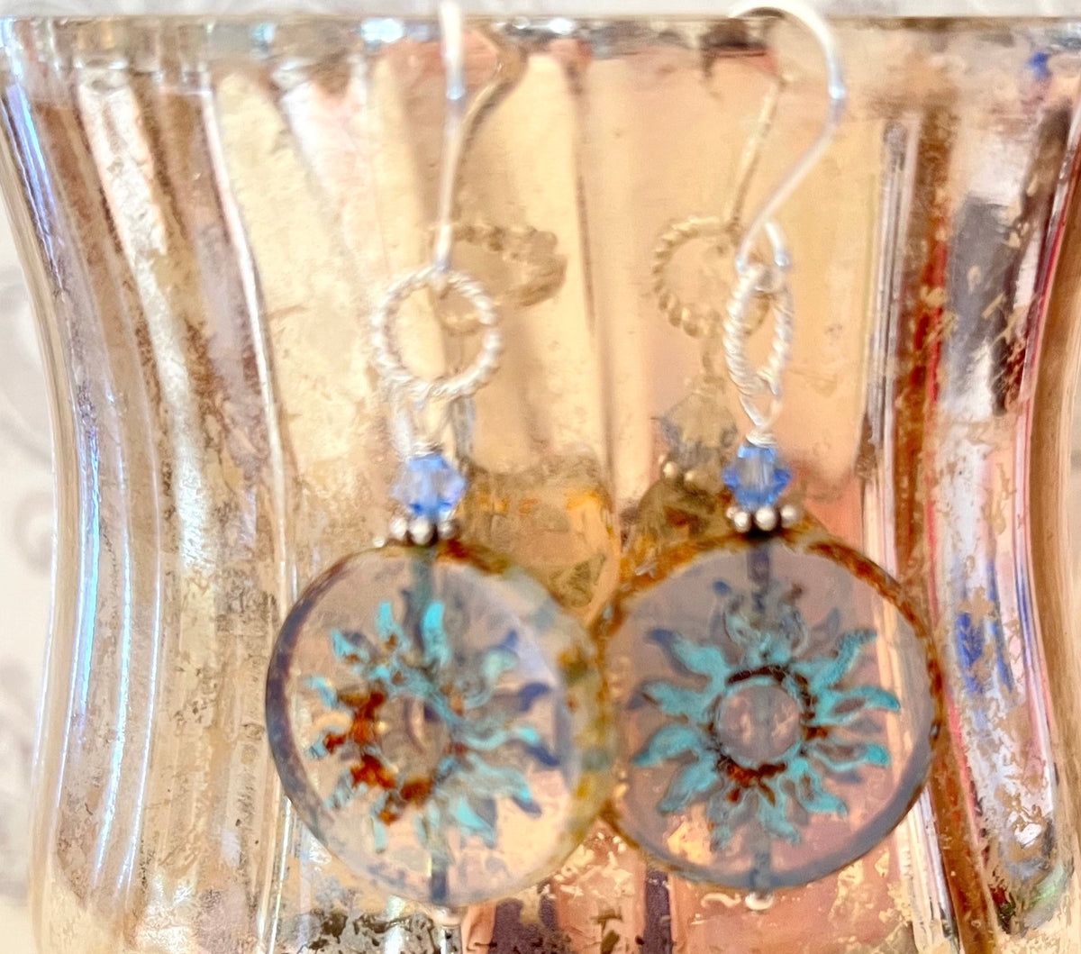 Huge Round Light Blue Sun Czech Glass Bohemian Drop Earrings in Sterling Silver