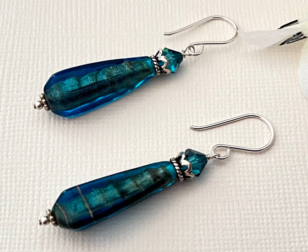 Czech Glass Blue and Copper Lampwork Earrings in Sterling Silver