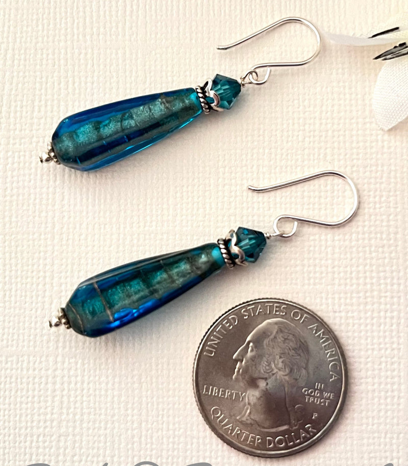 Czech Glass Blue and Copper Lampwork Earrings in Sterling Silver