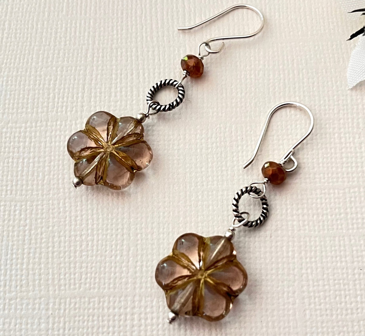 Czech Glass Lavender Flower Earrings in Sterling Silver