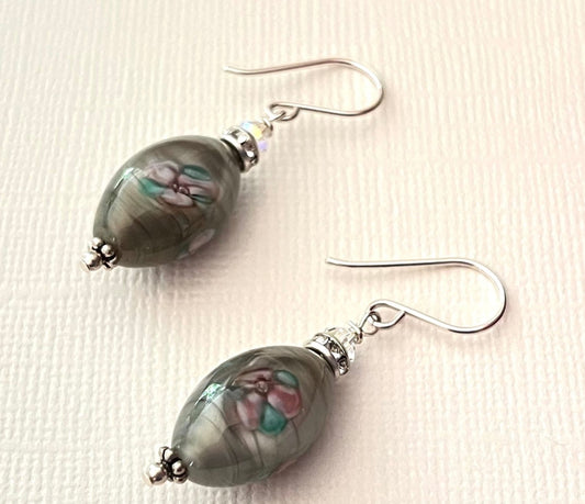 Czech Glass Gray Lampwork Earrings in Sterling Silver