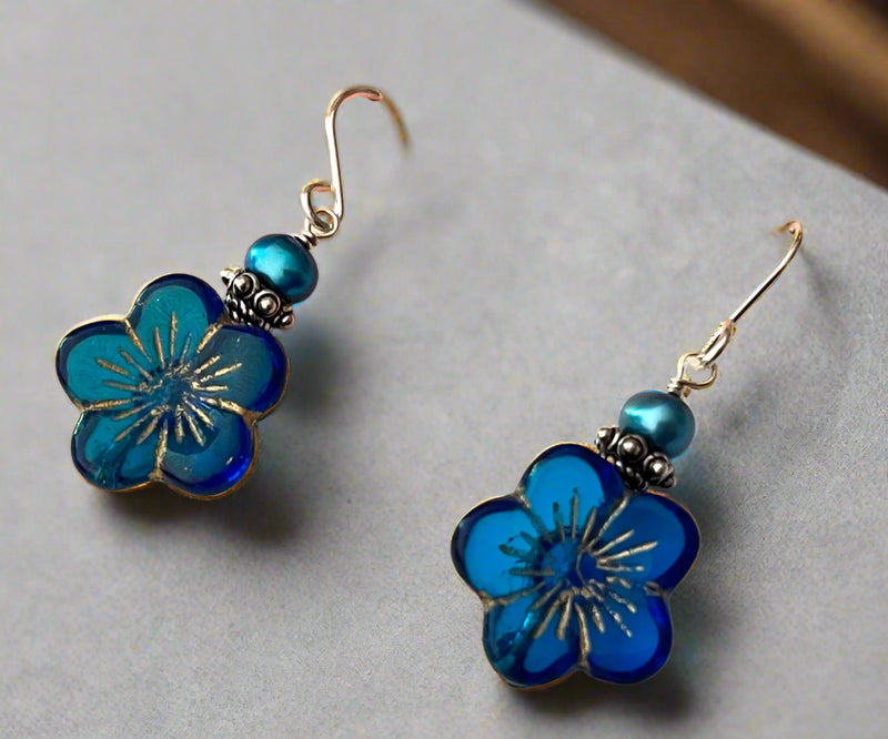 Czech Blue Glass Flower Earrings in Sterling Silver