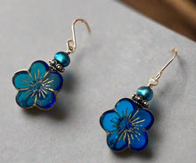 Load image into Gallery viewer, Czech Blue Glass Flower Earrings in Sterling Silver
