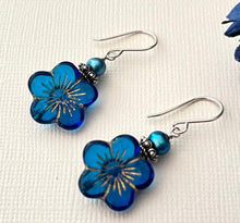 Load image into Gallery viewer, Czech Blue Glass Flower Earrings in Sterling Silver
