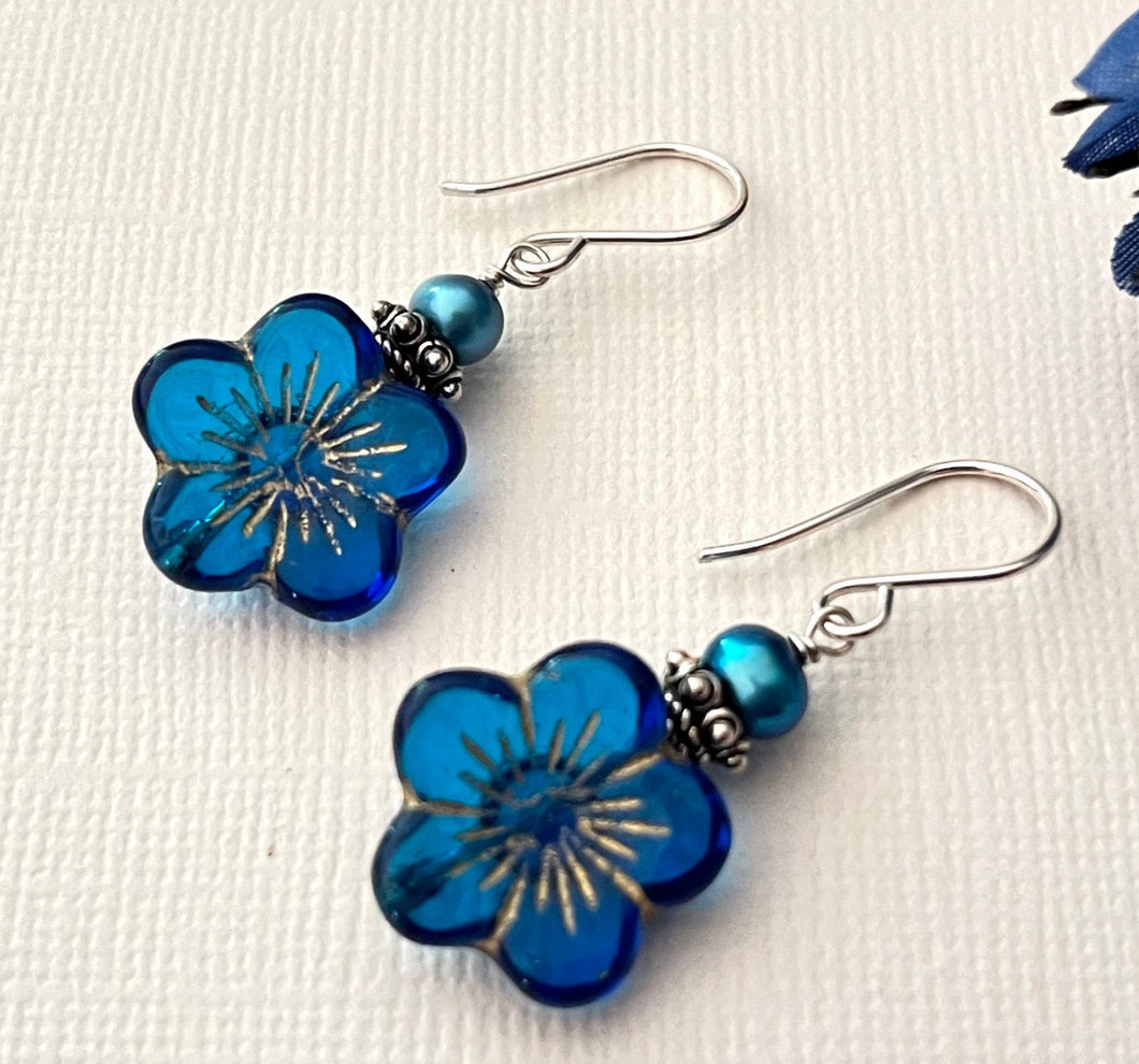 Czech Blue Glass Flower Earrings in Sterling Silver