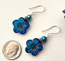 Load image into Gallery viewer, Czech Blue Glass Flower Earrings in Sterling Silver
