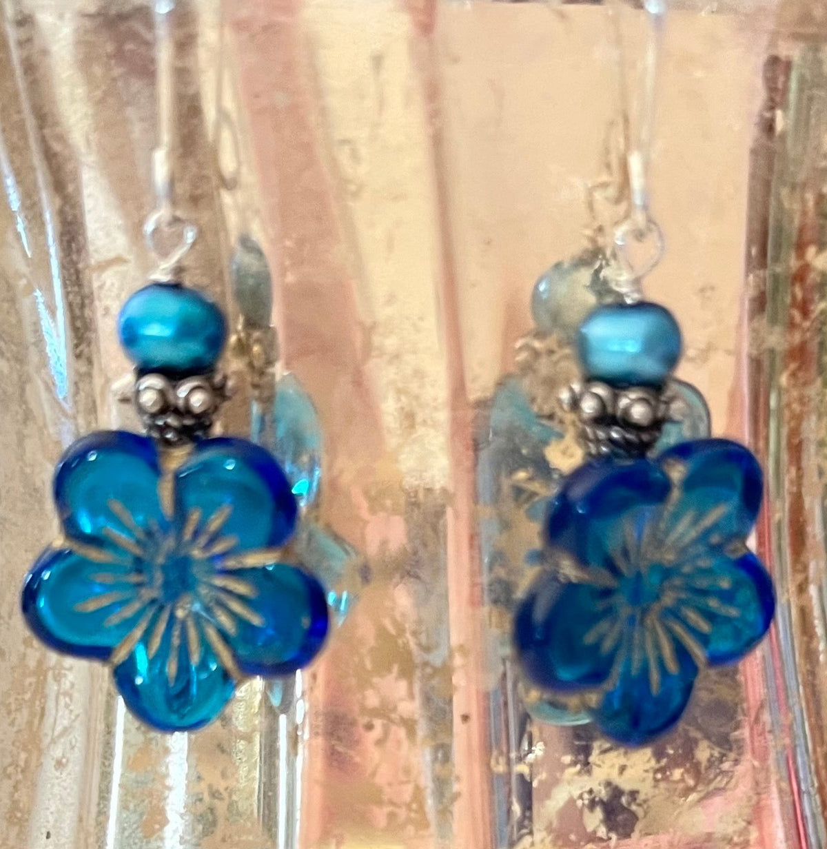 Czech Blue Glass Flower Earrings in Sterling Silver