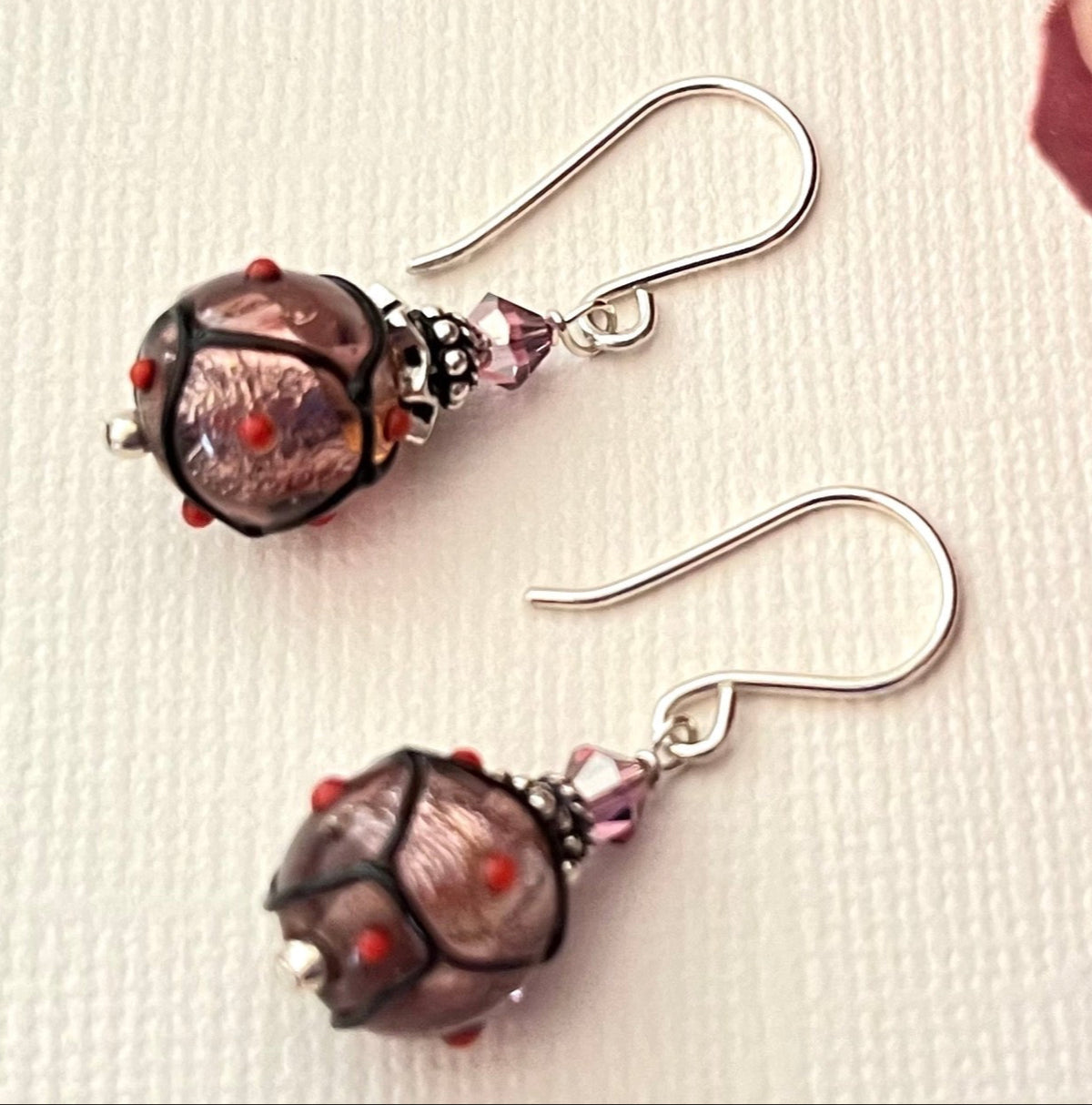 Czech Glass Purple Lampwork Earrings in Sterling Silver