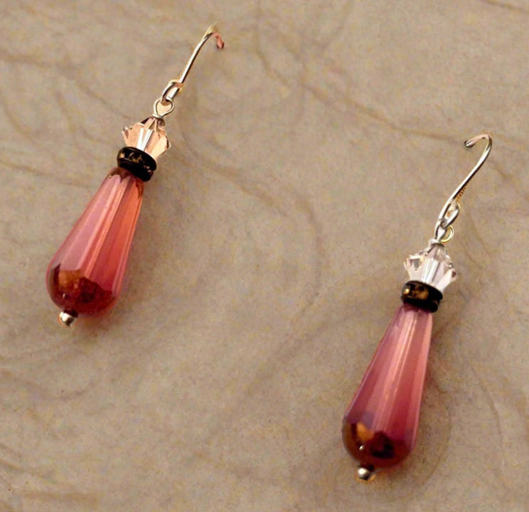 Czech Glass Pink Faceted Drop Earrings in Sterling Silver