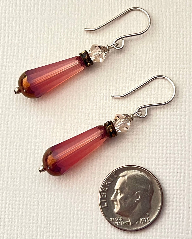 Czech Glass Pink Faceted Drop Earrings in Sterling Silver