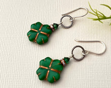 Load image into Gallery viewer, Czech Glass Green Clover Earrings in Sterling Silver
