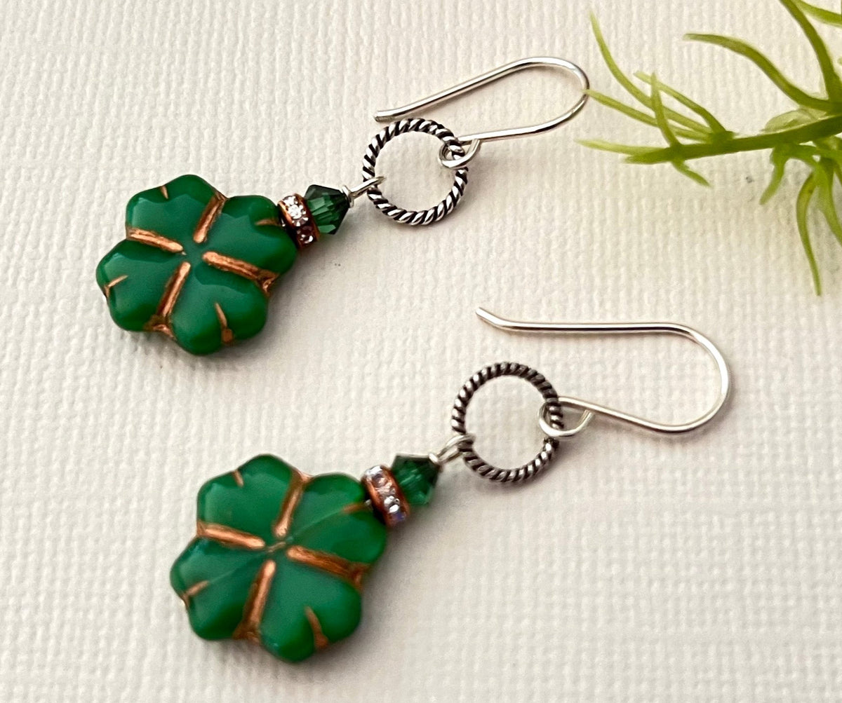 Czech Glass Green Clover Earrings in Sterling Silver