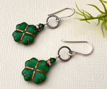 Load image into Gallery viewer, Czech Glass Green Clover Earrings in Sterling Silver
