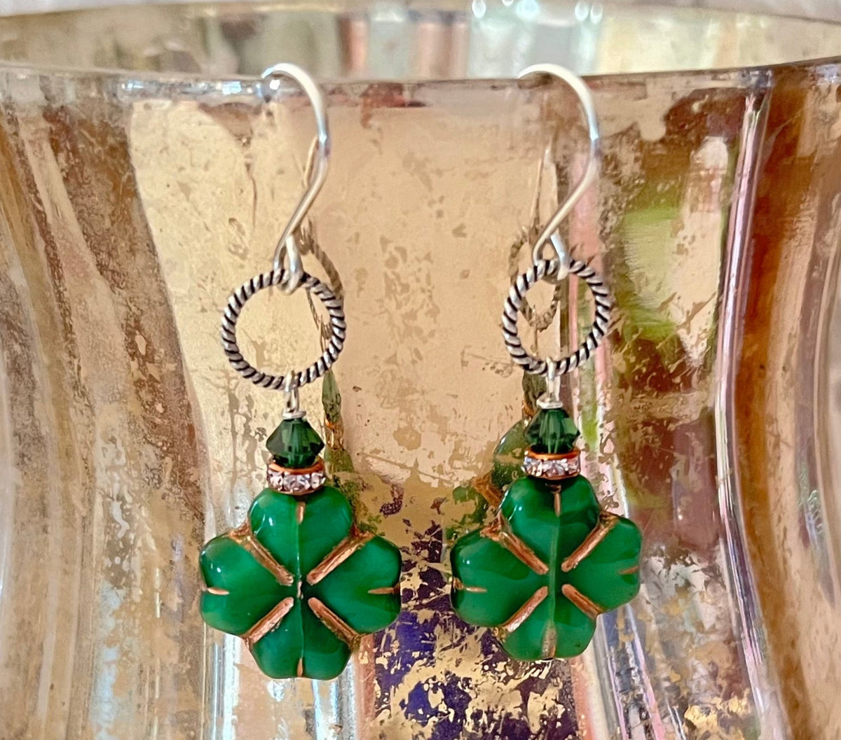 Czech Glass Green Clover Earrings in Sterling Silver