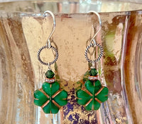 Czech Glass Green Clover Earrings in Sterling Silver