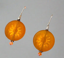 Load image into Gallery viewer, Huge Round Orange Sun Czech Glass Bohemian Drop Earrings in Sterling Silver
