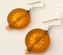 Load image into Gallery viewer, Huge Round Orange Sun Czech Glass Bohemian Drop Earrings in Sterling Silver
