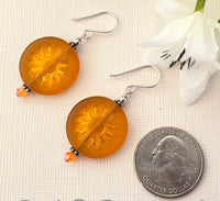 Huge Round Orange Sun Czech Glass Bohemian Drop Earrings in Sterling Silver