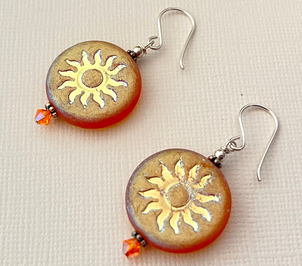 Huge Round Orange Sun Czech Glass Bohemian Drop Earrings in Sterling Silver